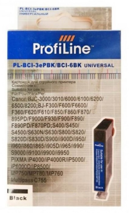 Картридж ProfiLine PL-BCI-3ePBk/ BCI-6Bk для принтеров Canon BJ S400/ s450/ s800/ f300/ f900/ f930/ Canon BJC 3000/ Canon PIXMA MP750/ MP760/ MP780 с водными чернилами Black